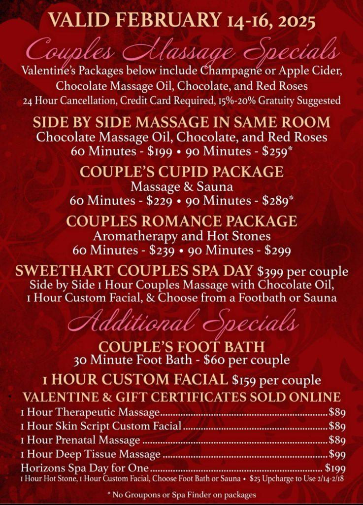 Couples massage, side by side in same room, Valentine's packages, couples spa package